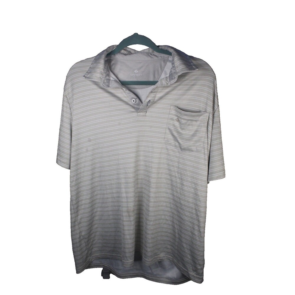 Sperry Top-Sider Mens L Polo Shirt Beige Striped Short Sleeve Pocket Casual Lrg